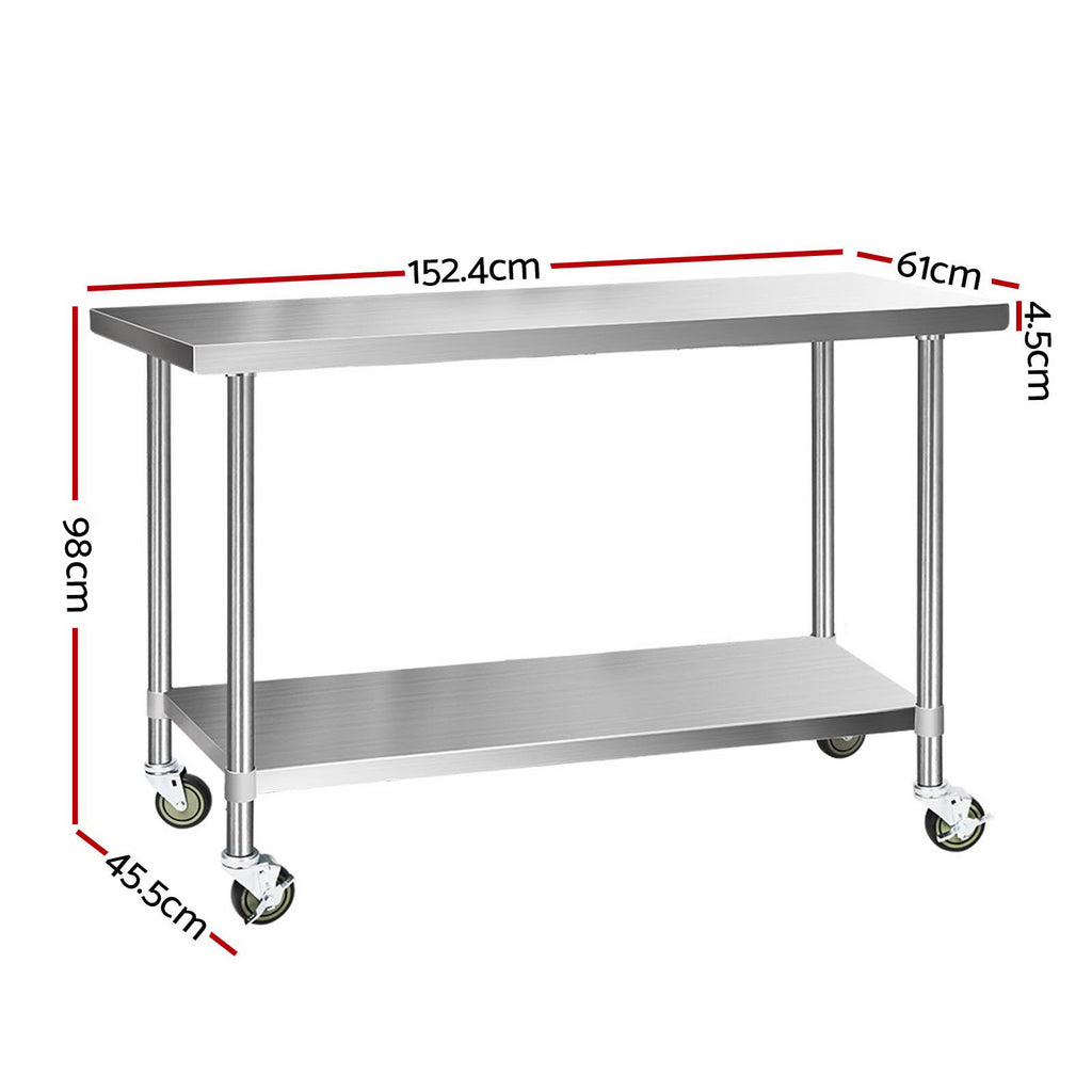 Cefito 1524x610mm Stainless Steel Kitchen Bench with Wheels 304